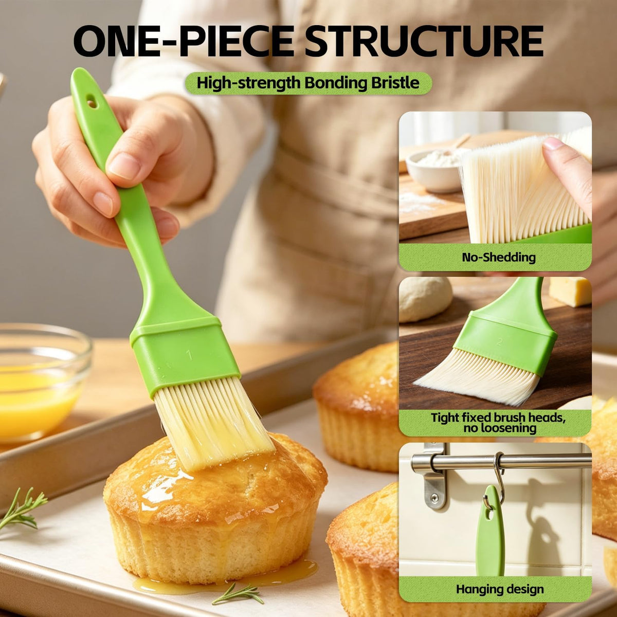 3 Pcs Pastry Brush Set, 1/1/2 Inch Basting Brush for Cooking and Baking, Heat Resistant Bristle Kitchen Brush with Hanging Hole for Oil, Butter, BBQ Sauce and Marinade（Green）