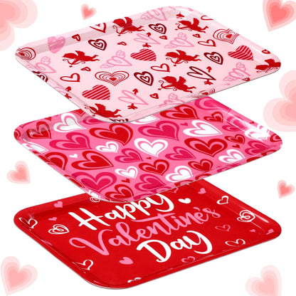 Rtteri 3 Pcs 13 x 10 Inch Valentine's Day Serving Trays Large Plastic Valentine Platters Reusable Serving Dishes Rectangle Pink Heart Candy Snack Food Tray for Valentines Day Wedding Party Table Decor