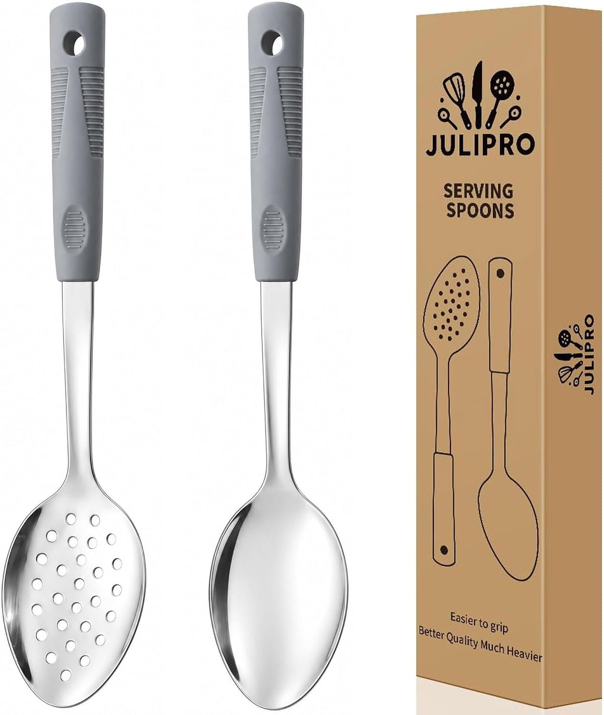 2-Piece Serving Spoons, 11-Inch, Solid & Slotted, Platinum Silicone