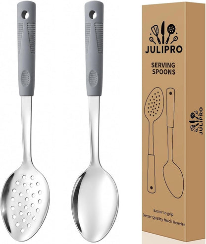 2-Piece Serving Spoons, 11-Inch, Solid & Slotted, Platinum Silicone