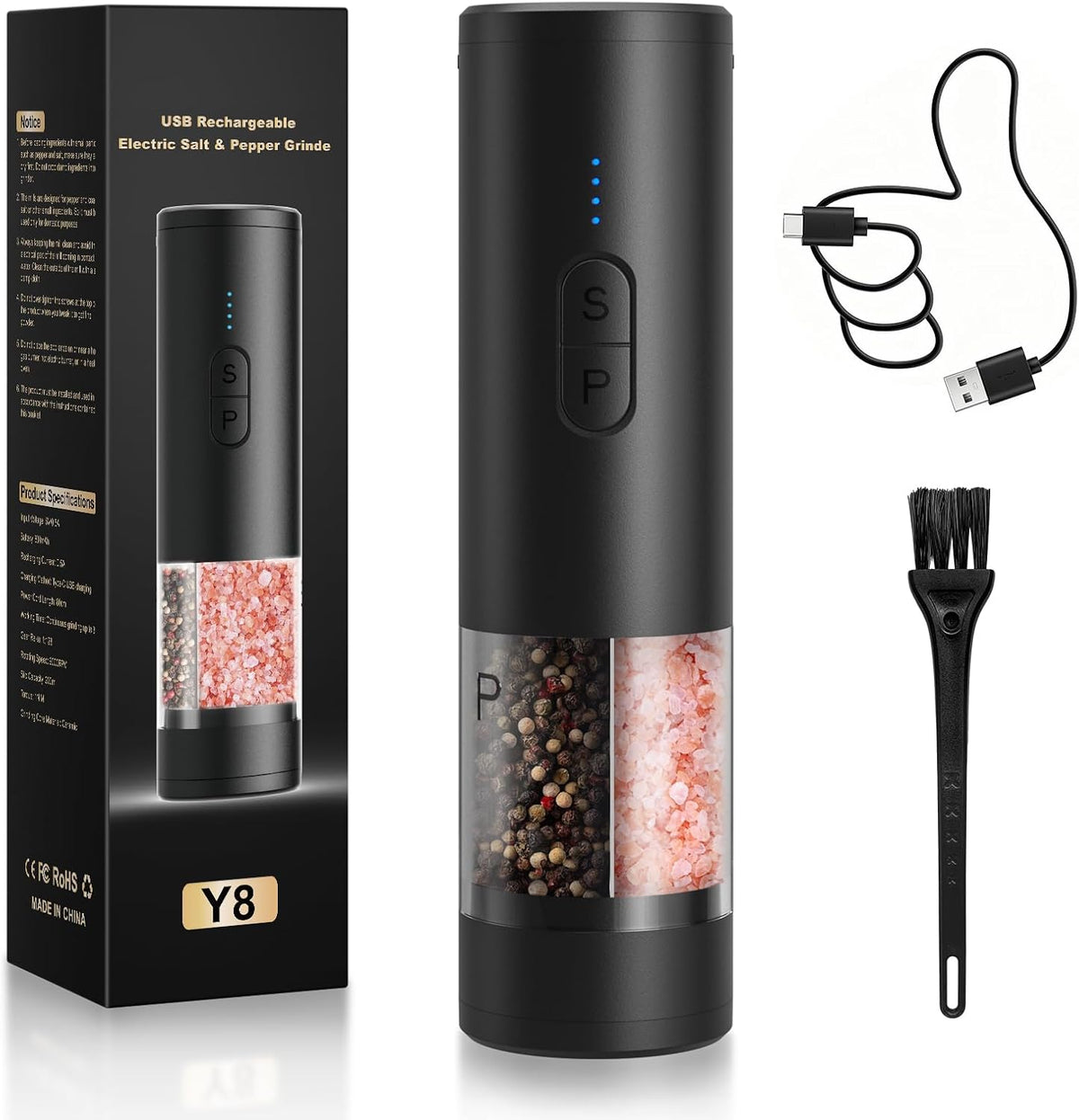 2 IN 1 Electric Salt and Pepper Grinder Set,Rechargeable (Black)