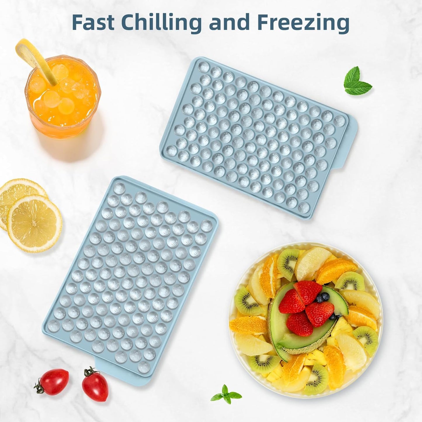 WIBIMEN Mini Ice Cube Trays, 0.55” Tiny Pebble Ice for Iced Coffee & Cocktails, Fast Chill, Easy Twist Release, Stackable with Lid & Storage Bin (2 Pack, Blue)