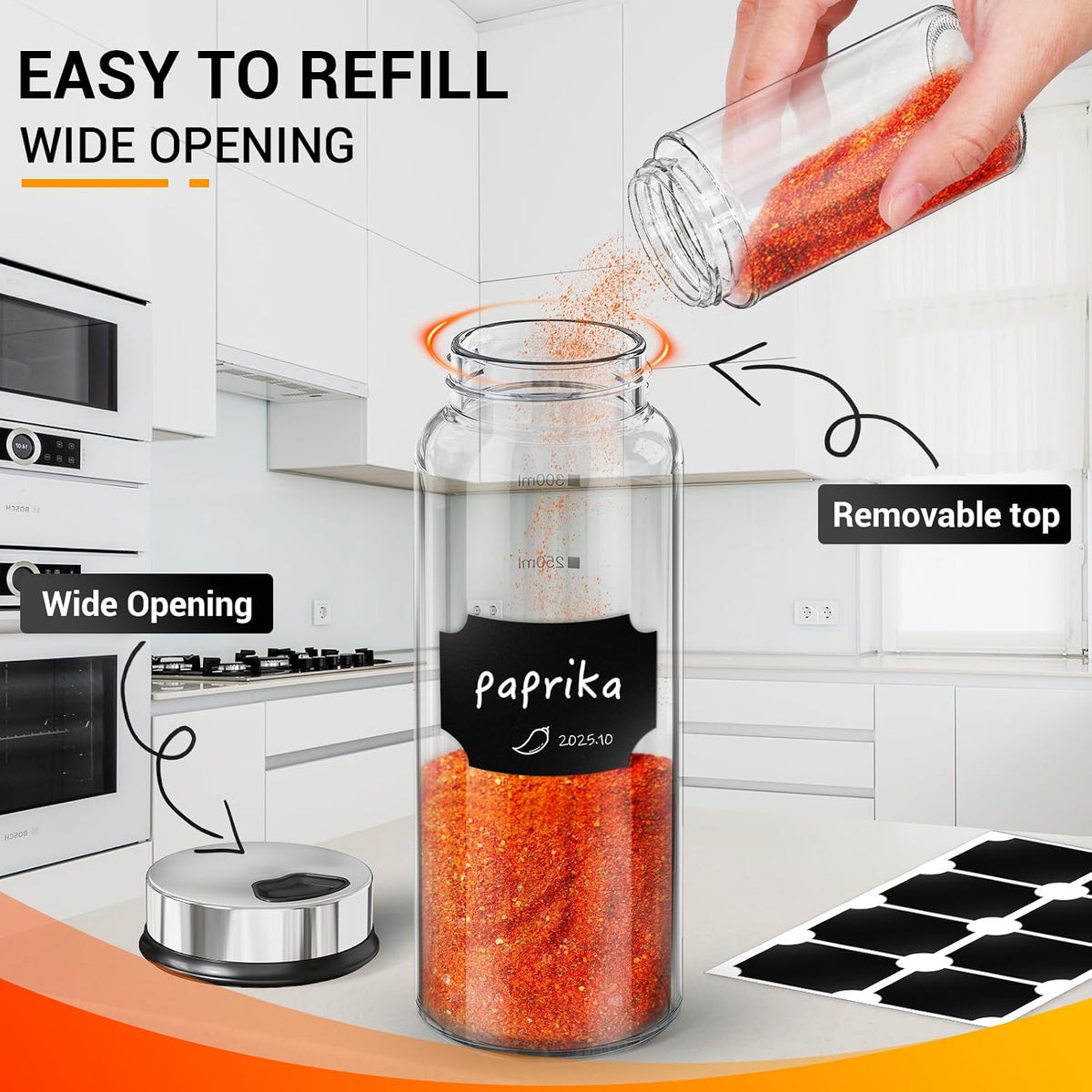 Segarty Spice Jars, 3 oz Spice Bottles with Shaker Lids, Glass Empty Seasoning Containers with Adjustable Pour Holes for Kitchen Spice Storage Stainless Steel Flow Top Salt and Pepper Shakers