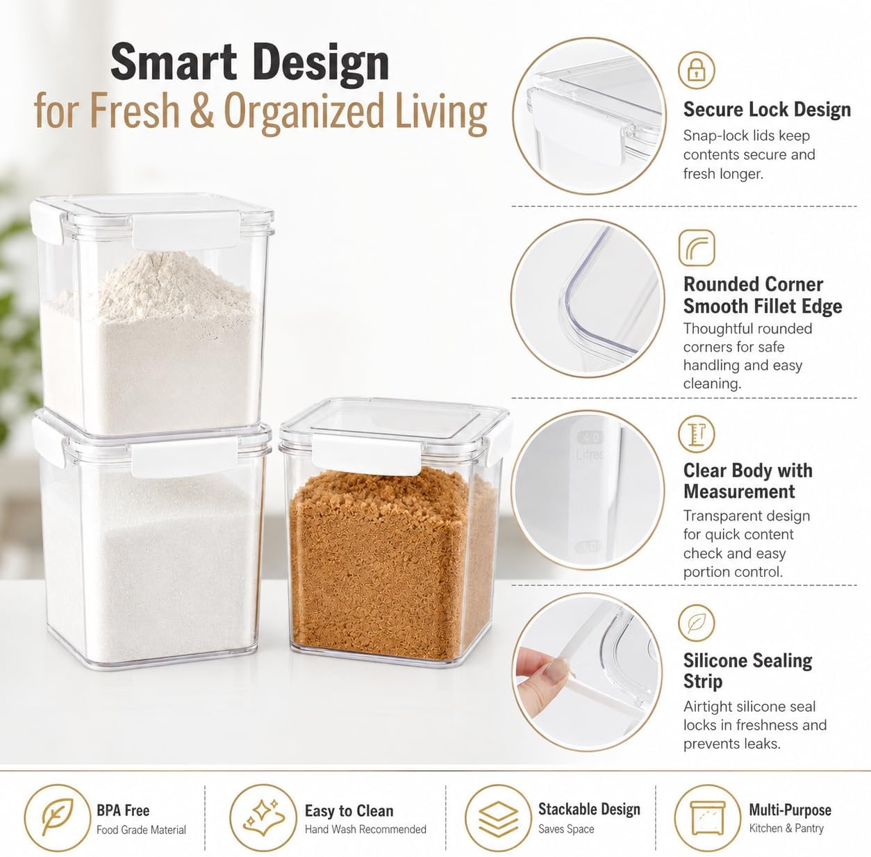 Set of 2 Large Food Storage Jars 4L - Airtight Containers with Lids, White with Free Spoon - Kitchen Canisters for Sugar,Flour,Coffee,Pantry Organization-S