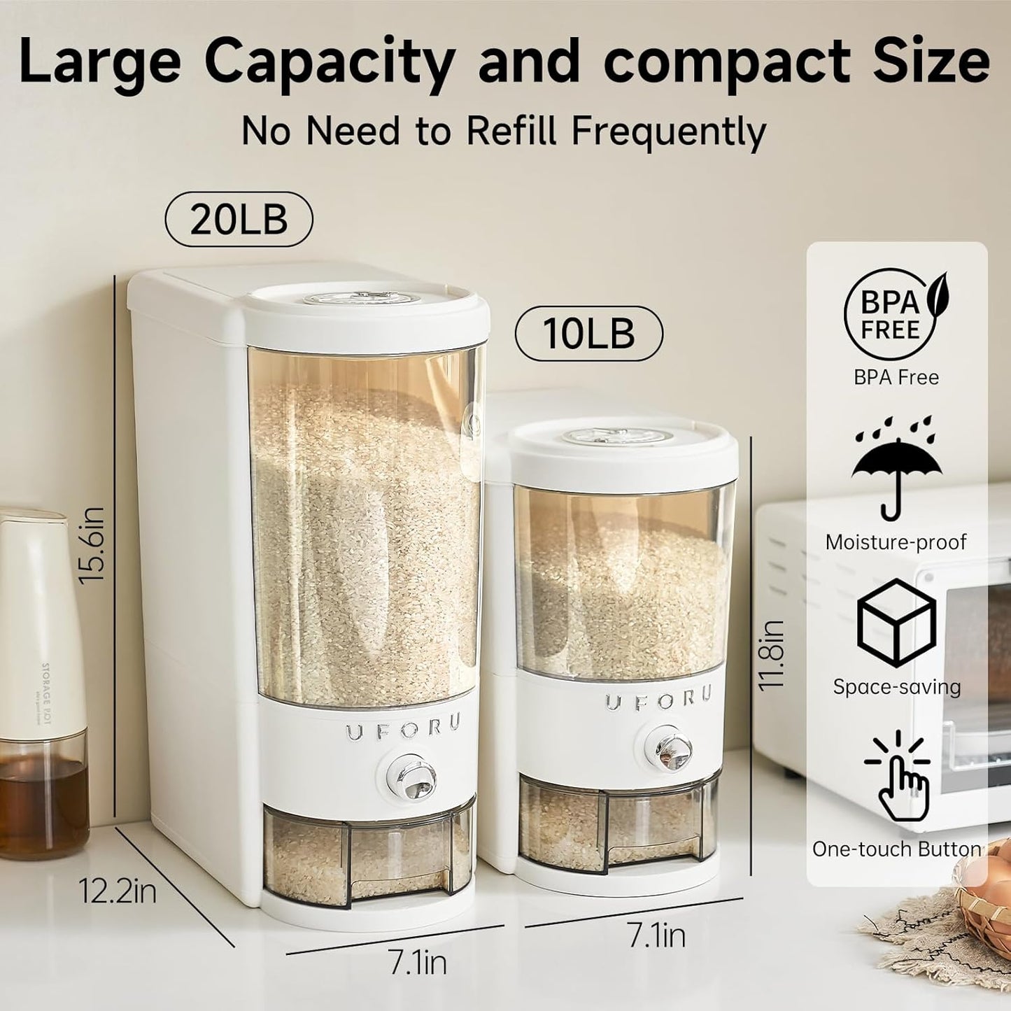 UFORU Rice Dispenser, Rice Storage Container with Measuring Cup for Kitchen Pantry Household, Dry Food Storage Containers Airtight, Sealed Moisture Proof (White 11Lbs)