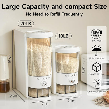UFORU Rice Dispenser, Rice Storage Container with Measuring Cup for Kitchen Pantry Household, Dry Food Storage Containers Airtight, Sealed Moisture Proof (White 11Lbs)
