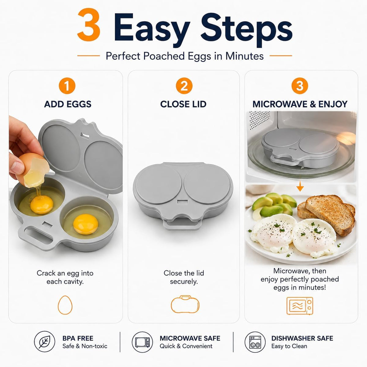 Dual Cavity Microwave Egg Poacher, 2027 New 2-Egg Cooker with Lid，Dark Grey