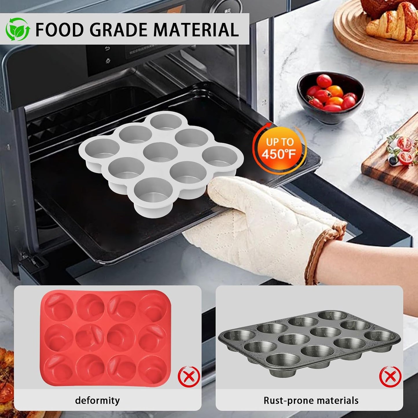 Silicone Egg Bite Molds- 4 Cups Air Fryer Egg Mold, Silicone Egg Molds Ideal For Muffins, Cakes, Pies, Breads (2 Pcs Red + Gray)