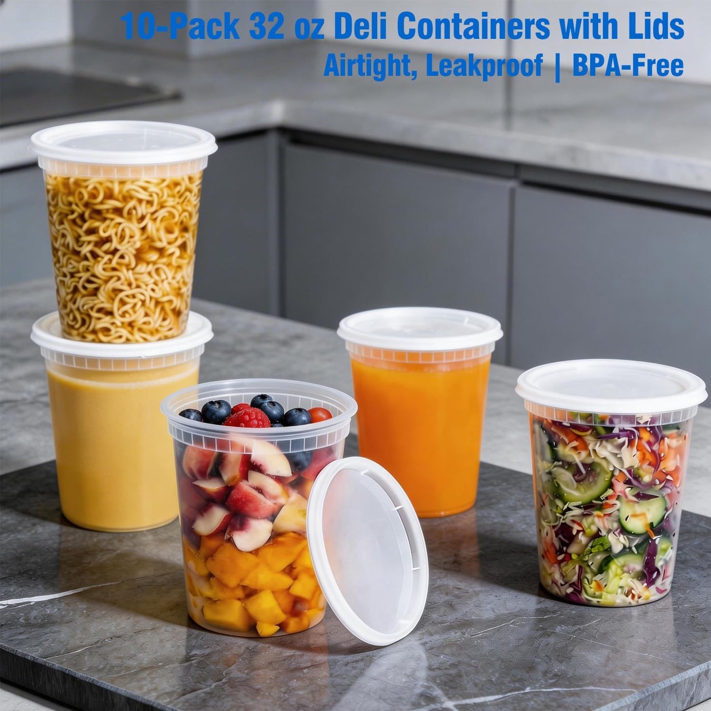 10 Sets 32 oz Plastic Deli Containers with Lids - Airtight, Leakproof Food Storage Containers, BPA Free, Freezer/Dishwasher/Microwave Safe, for Soup, Meal Prep, Takeout & Restaurant Use