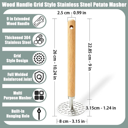 Potato Masher, 9in Wood Handle Stainless Steel Grid Masher Tool