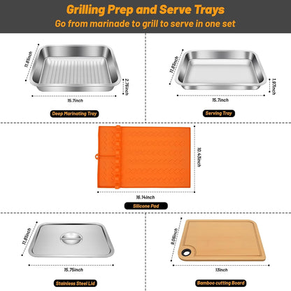 Grilling Prep and Serve Trays, Set of 5 Stackable Stainless Steel BBQ Trays with Lid & Cutting Board & Silicone Mat, Deep Marinating Container, Serving Platter for Plating Food, Large BBQ Prep Tub