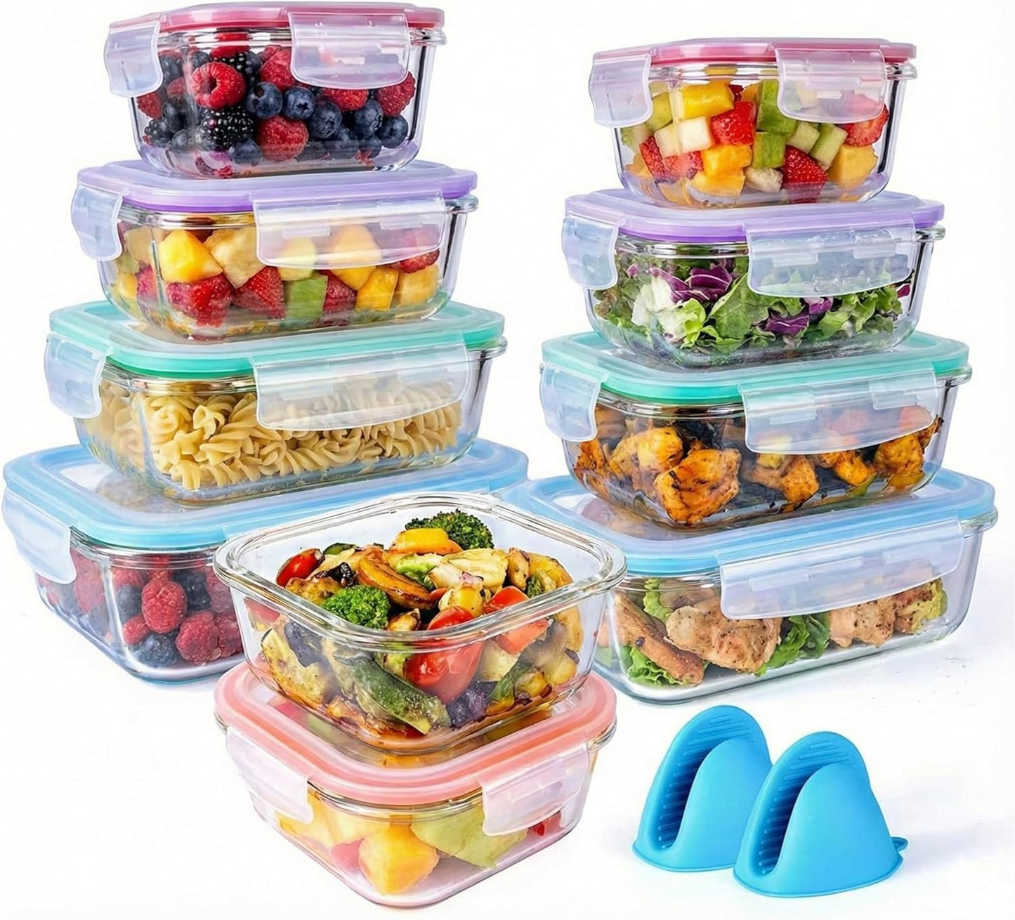 20 Pc Glass Food Storage Containers with Snap Lock Lids, Airtight & Leakproof, Bonus 2 Oven Silicone Gloves, Safe for Dishwasher, Oven, Microwave,Freezer, BPA Free