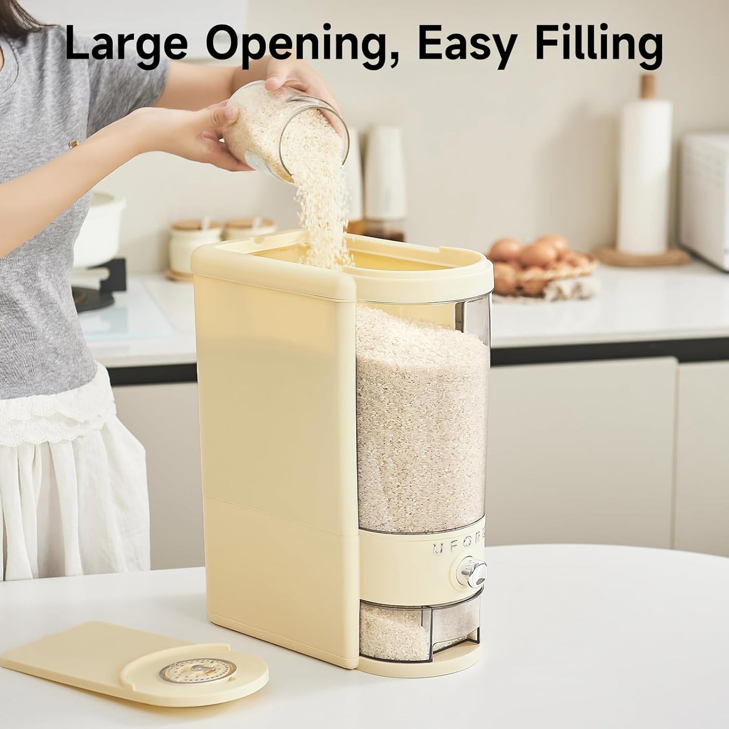 UFORU Rice Dispenser, Rice Storage Container with Measuring Cup for Kitchen Pantry Household, Dry Food Storage Containers Airtight, Sealed Moisture Proof (White 11Lbs)