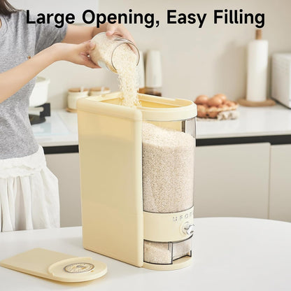 UFORU Rice Dispenser, Rice Storage Container with Measuring Cup for Kitchen Pantry Household, Dry Food Storage Containers Airtight, Sealed Moisture Proof (White 11Lbs)