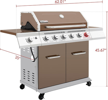 Royal Gourmet GA6402S 6-Burner Propane Gas Grill with Side Burner and Warming Rack, 74,000 BTUs, Cabinet Style Outdoor BBQ Grill for Barbecue Grilling & Backyard Cooking, Silver