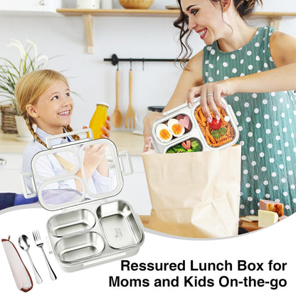 25oz 18/8 Stainless Steel Lunch Box Kit (Bento Box + Fork/Spoon) - 3 Leakproof Compartments - Metal Snack Box for Kids & Adults - School/Office/Travel - Dishwasher Safe (Beige)