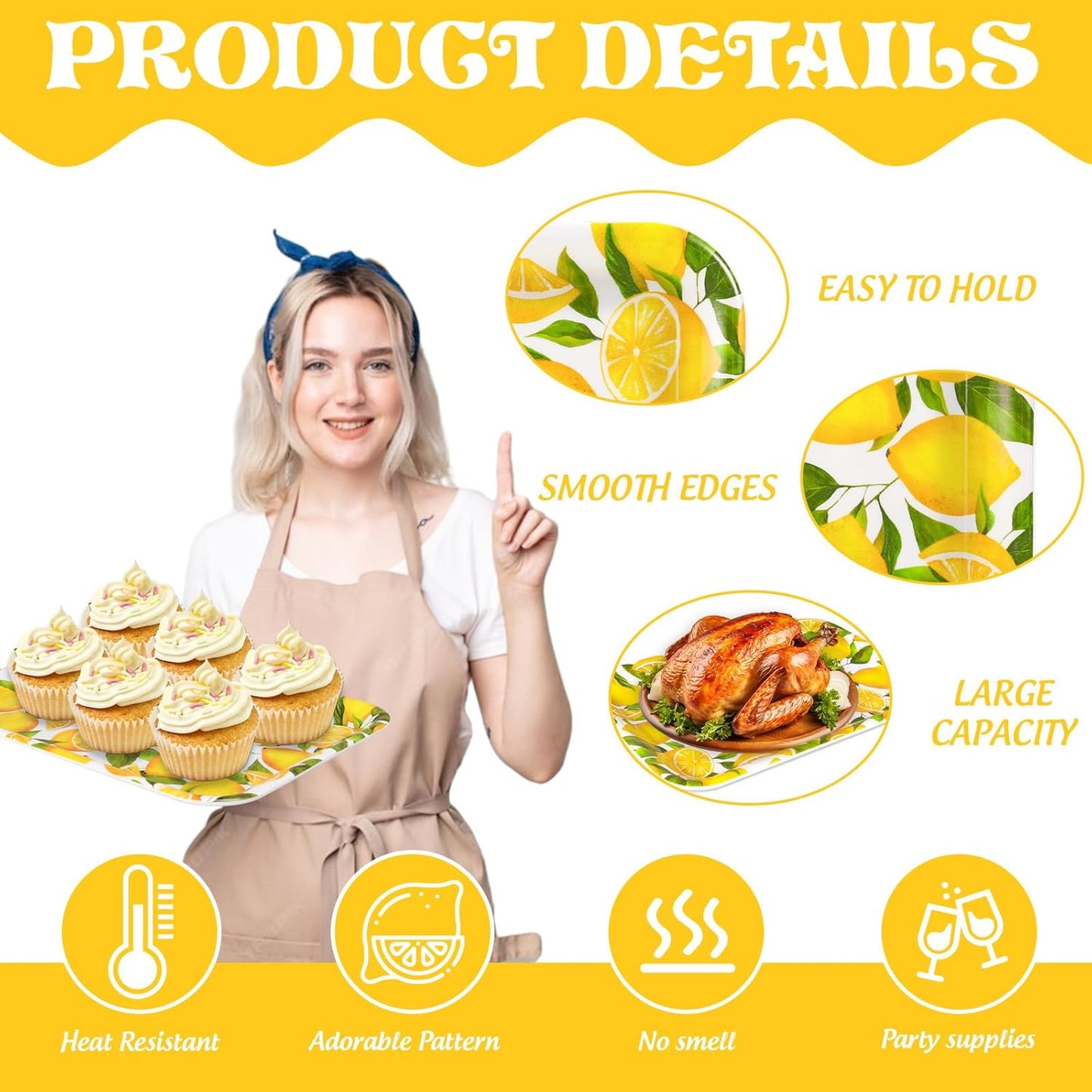 JarThenaAMCS 3Pcs Lemon Serving Trays Reusable Serving Dishes Watercolor Yellow Lemon Platter for Summer Fruit Birthday Party Serving Food Snacks Fruits Dessert