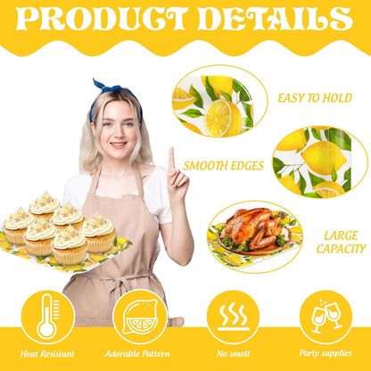 JarThenaAMCS 3Pcs Lemon Serving Trays Reusable Serving Dishes Watercolor Yellow Lemon Platter for Summer Fruit Birthday Party Serving Food Snacks Fruits Dessert