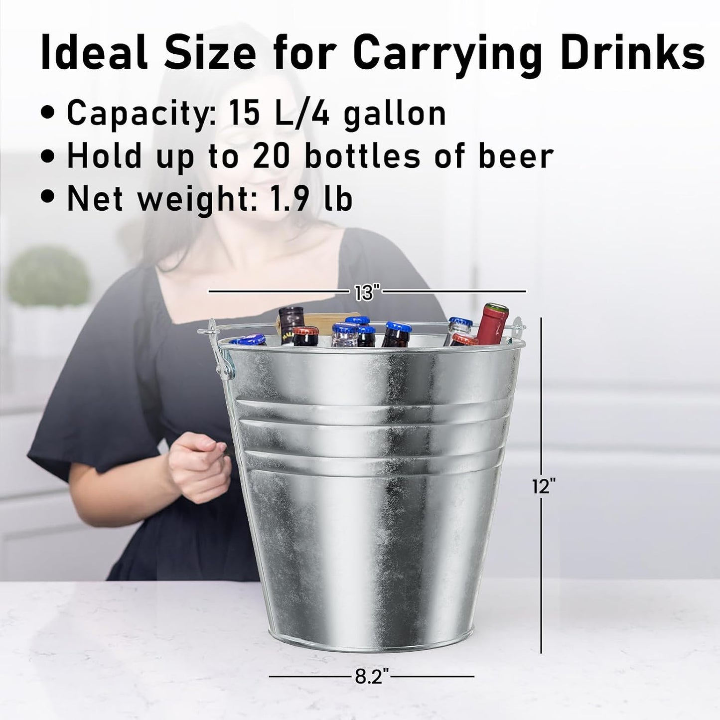 4 Gallon Galvanized Ice Bucket - Large Metal Beverage Tub with Wood Handles - Rustproof Drink Cooler for Beer Wine Champagne Party Wedding BBQ Mimosa Bar - 13" x 13" x 12"