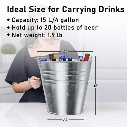 4 Gallon Galvanized Ice Bucket - Large Metal Beverage Tub with Wood Handles - Rustproof Drink Cooler for Beer Wine Champagne Party Wedding BBQ Mimosa Bar - 13" x 13" x 12"