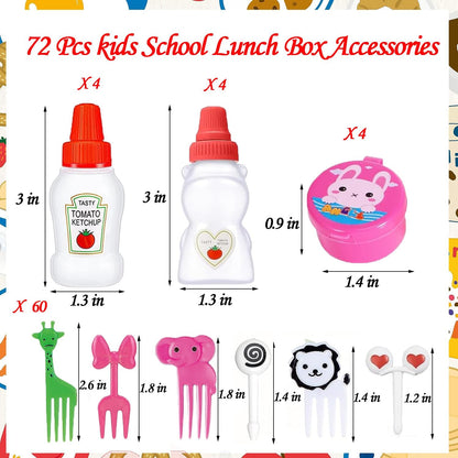 72 Pack Lunch Box Accessories, Including Mini Ketchup Bottle Bear Shaped Condiment Squeeze Bottles Small Sauce Containers Animal Food Picks for Travel Bento Box Picnic
