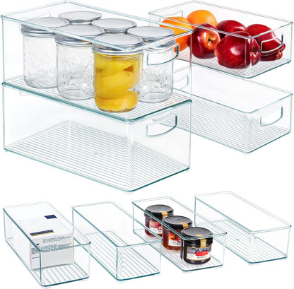 Hudgan 8 PACK Stackable Pantry Organizer Bins (3 Size) - Clear Fridge Organizer for Kitchen, Freezer, Refrigerator, Cabinet - Plastic Storage Container with Handle for Home