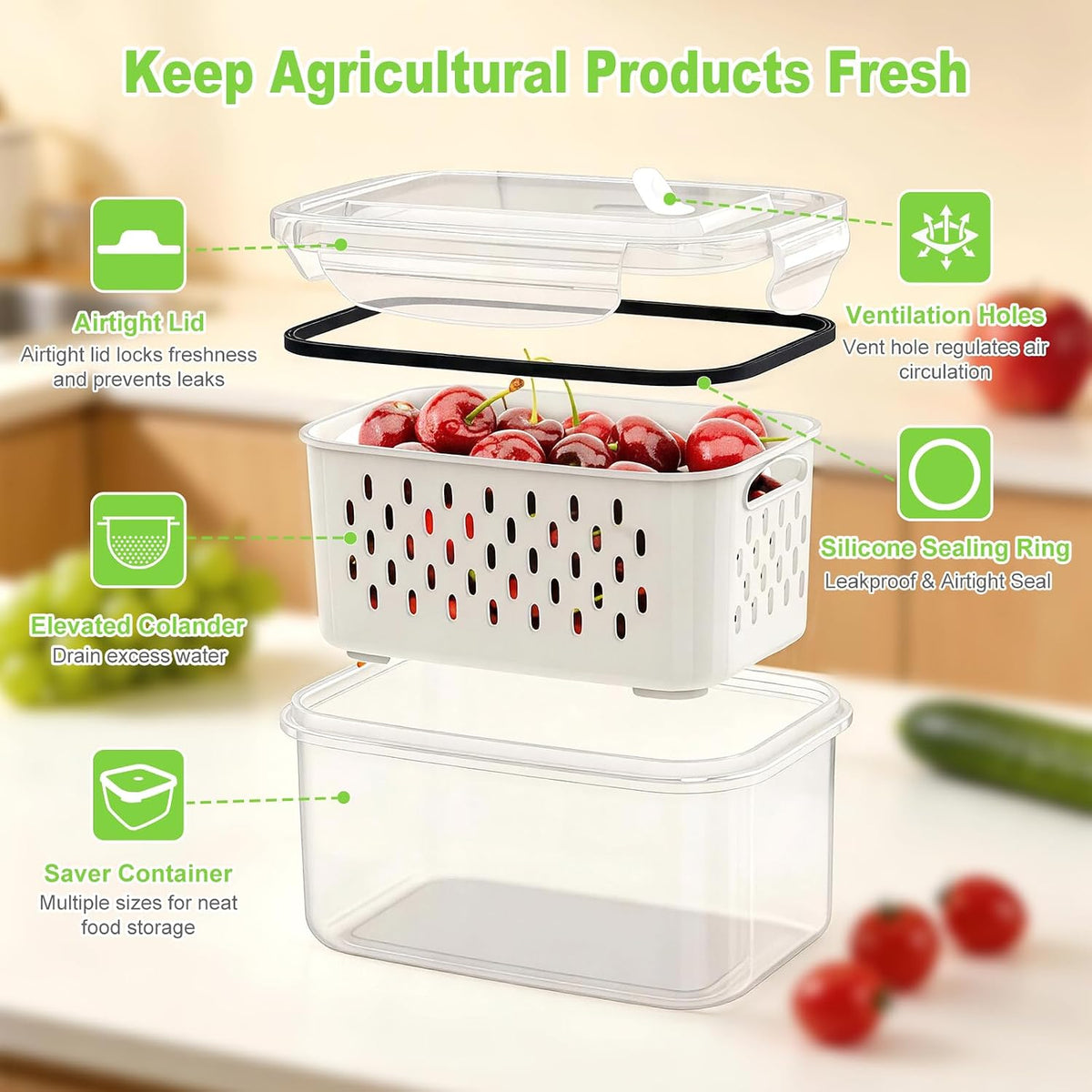 12 Pieces Fruit Storage Containers For Fridge with Removable Colanders