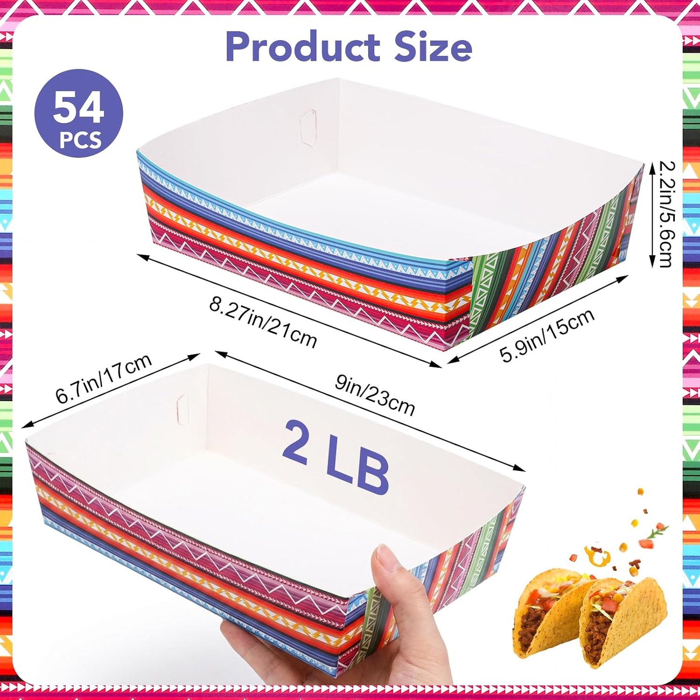 woric 54 Pcs Mexican Taco Food Trays, Disposable Mexican Nacho Paper Plates Popcorn Snack Candy Fries Tray for Birthday Carnival Easter Supplies