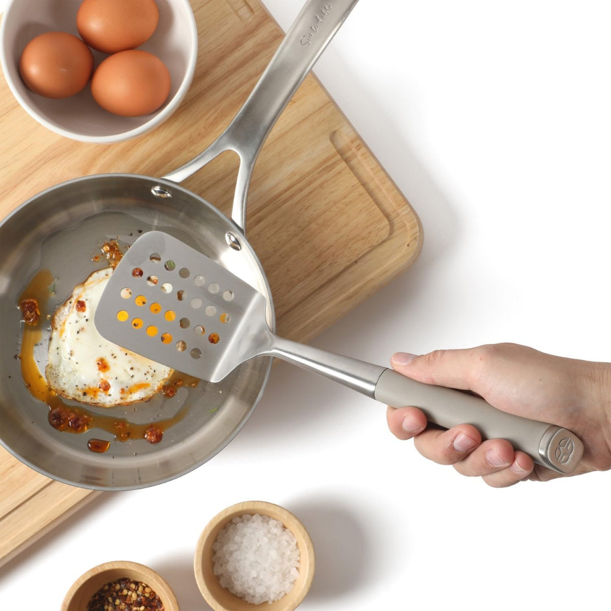 Calphalon Slotted Turner, Kitchen Flipping Spatula, Slotted Spatula, Stainless Steel Turner with Silicone Heat Resistance Handle, Nonstick-Safe Spatula for Draining and Flipping (Navy)