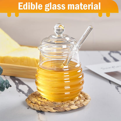 Honey Jar with Dipper and Lid,Glass Honey Pot Container Dispenser,Clear Glass Honey Container for Home Kitchen,Store Honey and Syrup,Easy to Clean… (12oz)