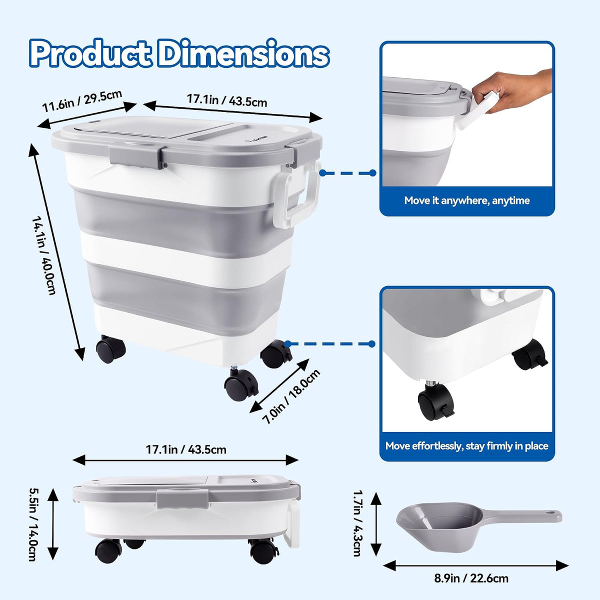 Dog Food Storage Container 20-25lbs, Airtight Pet Food Bin with Locking Lid & Clear Window, Collapsible Rolling Storage Container with Wheels and Scoop, Black
