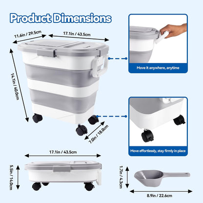 Dog Food Storage Container 20-25lbs, Airtight Pet Food Bin with Locking Lid & Clear Window, Collapsible Rolling Storage Container with Wheels and Scoop, Black