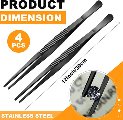Yaomiao 4 Packs 12 Inch Bar Tweezers Silver Cocktail Tongs Long Garnish Tweezers Stainless Steel Bartender Kitchen Cooking Tongs for Cocktail Food Fruit Korean BBQ Bartender Chef, Multi-use