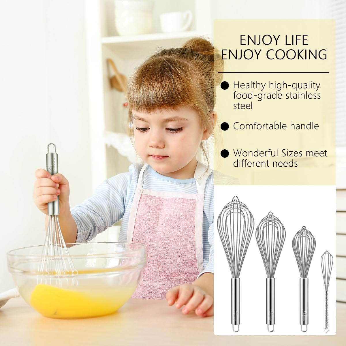 HOTEC Stainless Steel Whisk Set of 4, Food Grade Balloon Whisk Egg Beater, Thicken Wire Mixing Whisk for Baking, Cooking, Whisking Cream, Sauce, Pancake Batter