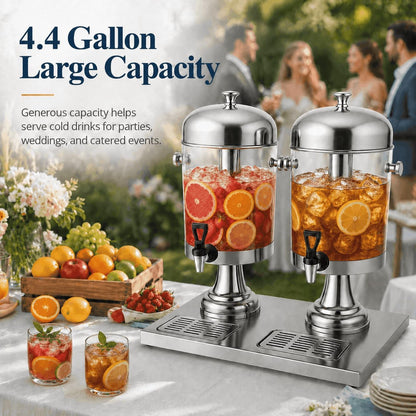 4.4 Gallon Beverage Dispenser with Ice Core | Stainless steel drink dispenser with stand and ice core for cold drinks, juice, lemonade, iced tea, parties, and events.
