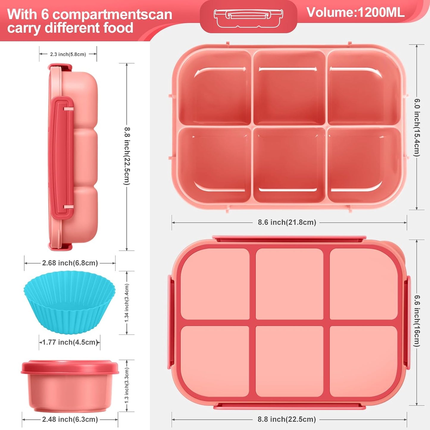 Amathley Lunch Box Kids Girls Boys,Bento Box Adult,Toddler Lunch Containers for School,Leakproof Snack Containers with 6 Compartments,Sauce Container,10 Food Picks and 4 Muffin Cups (Green)