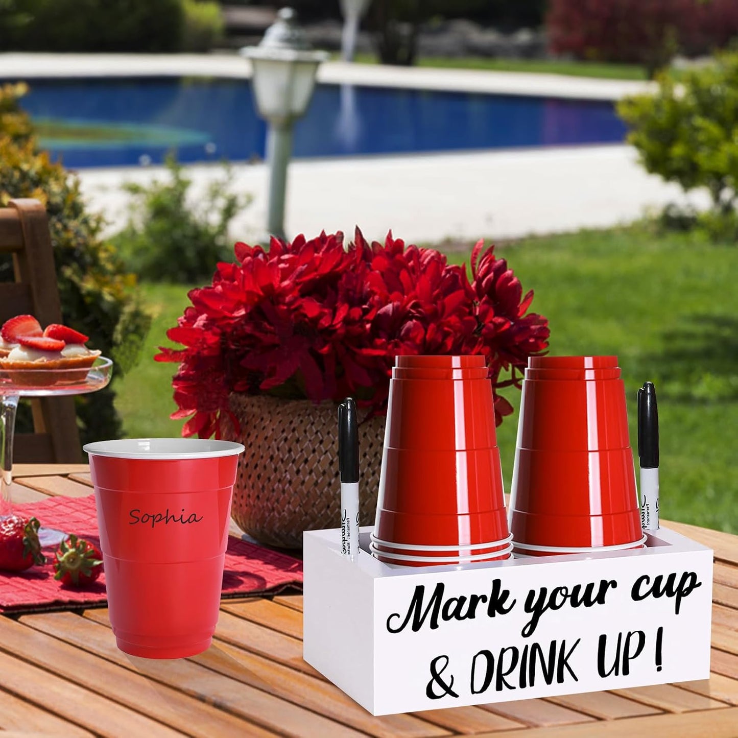 Wooden Cup Holder with Marker Slot, Disposable Plastic Party Cup Organizer for Holiday Gatherings - Hosting Essential to Mark Your Cup & Drink Up, Prevent Mix-Ups, Reduce Waste