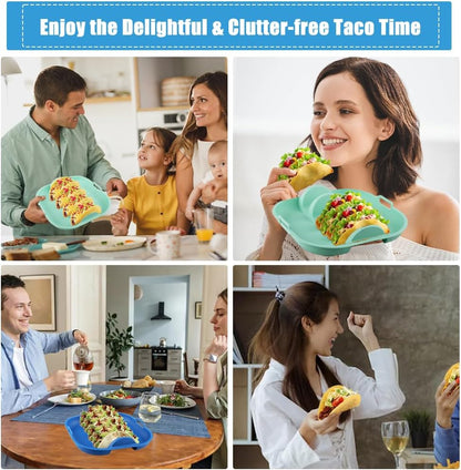 Silicone Taco Holder Set of 2, Non-Slip Taco Plates with Dividers, Reusable Fit for Kitchen, Party, Restaurants - Microwave and Dishwasher Safe, Blue and Green