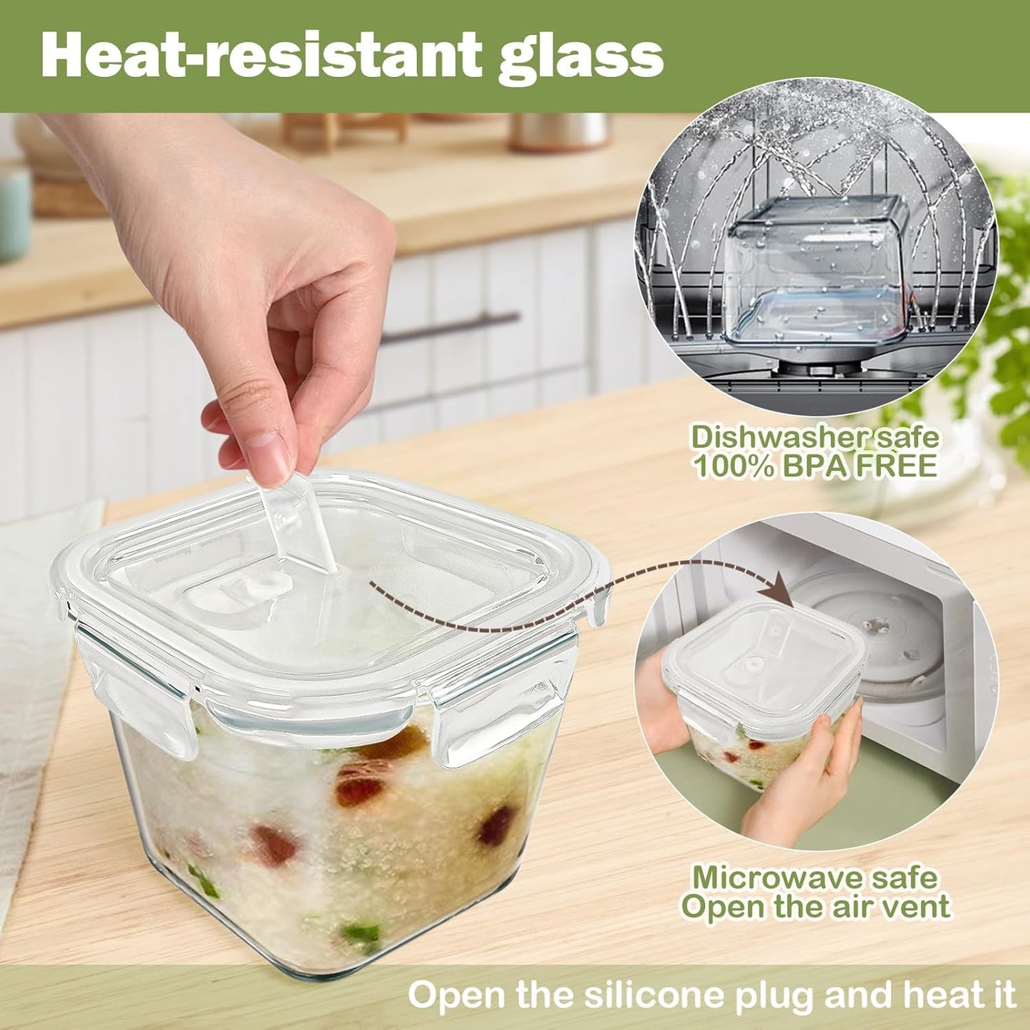 Glass Soup Containers with Lids 32oz - Borosilicate Glass Storage Containers 4 Cup, Freezer to Microwave Safe, Airtight Leak Proof, Square Meal Prep Containers for Lunch Travel- 6 Pack