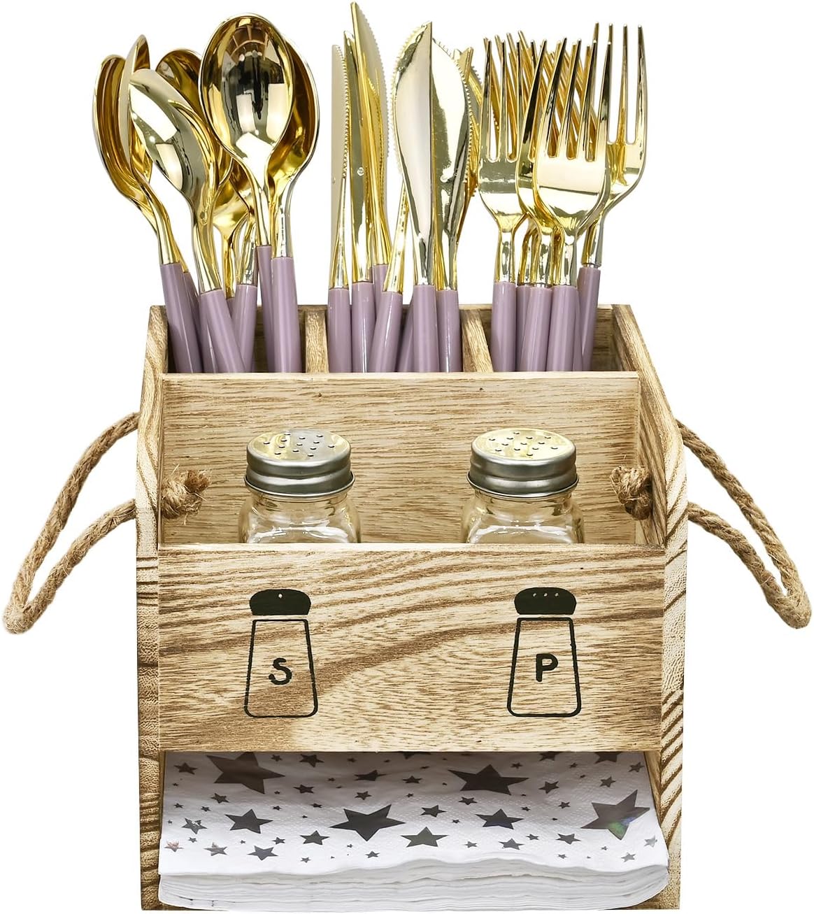Ikee Design Wooden Utensil Caddy Flatware Holder with Handles - Utensil Holder for Dining Room, Restaurant and Kitchen, Oak Color, 7.13”W x 6.63”D x 7.5”H