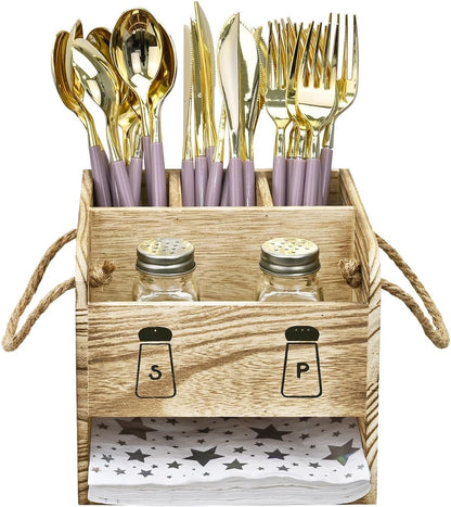 Ikee Design Wooden Utensil Caddy Flatware Holder with Handles - Utensil Holder for Dining Room, Restaurant and Kitchen, Oak Color, 7.13”W x 6.63”D x 7.5”H