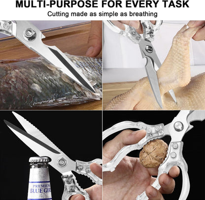 CGBE Kitchen Scissors, Multi-Purpose Kitchen Shears, Heavy Duty Dishwasher Safe Food Scissors for Chicken, Poultry, Fish, Meat & Herbs with Non-Slip Grips - Sliver