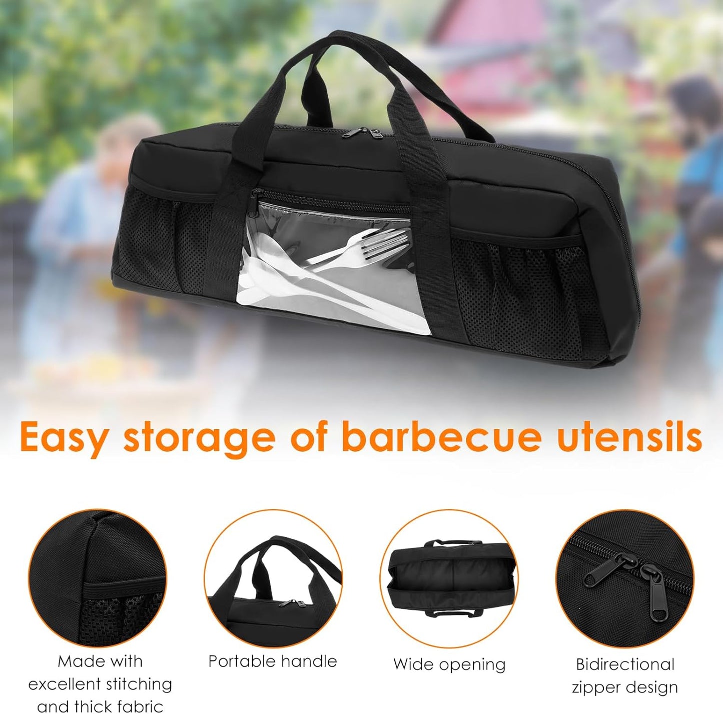 Grill Tool Storage Bag, Outdoor BBQ Utensil Storage for Barbecue Tool up to 21", Grill Utensil Storage with Zippered Pocket and Mesh Pockets, BBQ Accessories Case Container for Camping（Only Bag）