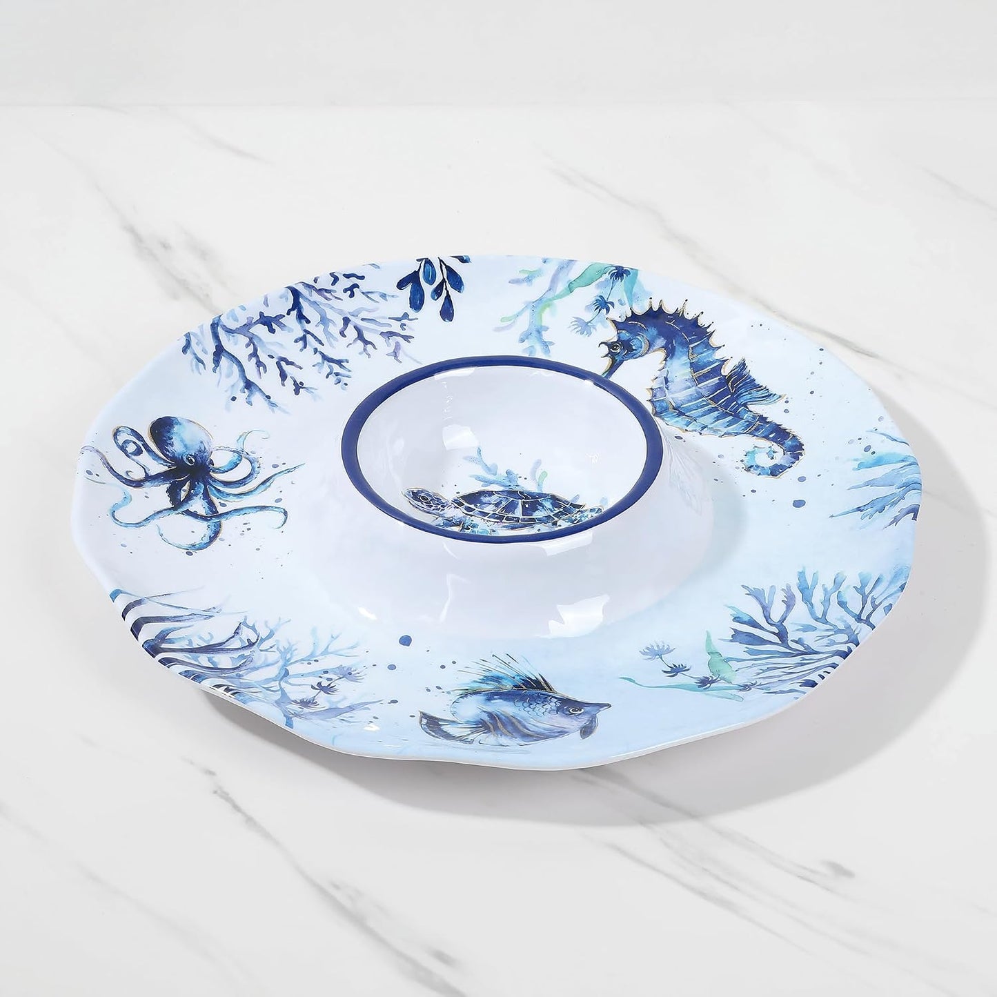 UP Sea Life Melamine Chip and Dip Serving Tray, Round Serving Platter for Chips, Salsa, Fruit, and Snacks, Multicolor, 13.5 Inch