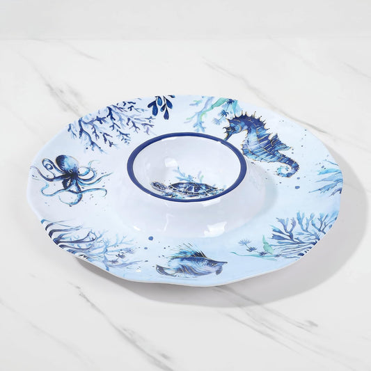 UP Sea Life Melamine Chip and Dip Serving Tray, Round Serving Platter for Chips, Salsa, Fruit, and Snacks, Multicolor, 13.5 Inch