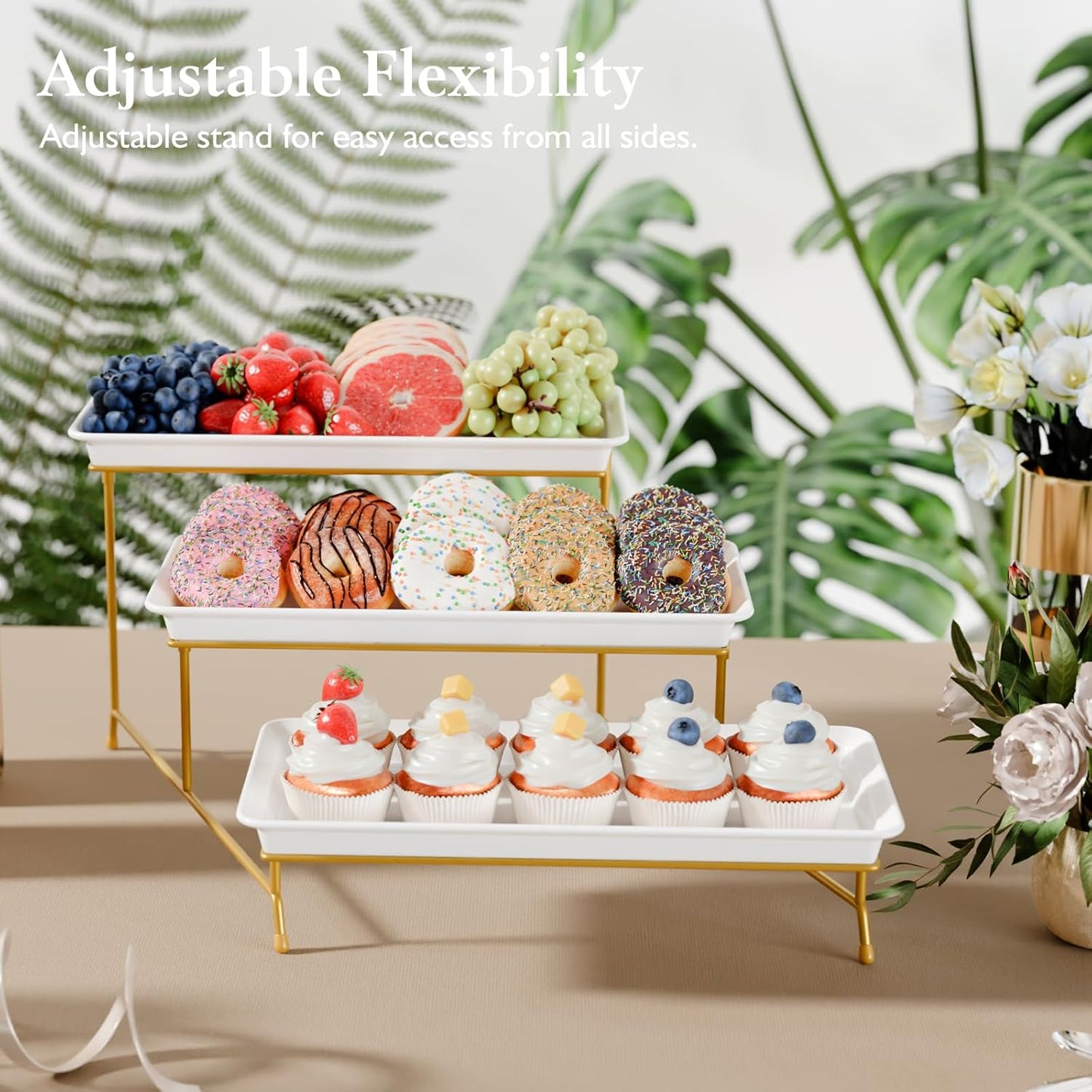 3-Tier Melamine Serving Tray Set, 11.5" x 5.6" Platters for Serving Food, Black Reusable Trays with Black Metal Display Stand for Cupcakes, Sevring Food, Dessert, Fruit, Cookie, Gold