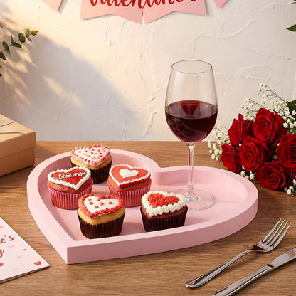 Hushee 3 Pcs Valentine's Day Wooden Serving Tray Heart Shaped Plate Wood Serving Dish Tray and Platter for Valentines Day Table Decoration Home Office Food Display, 3 Sizes(Heart, Red, Pink, White)
