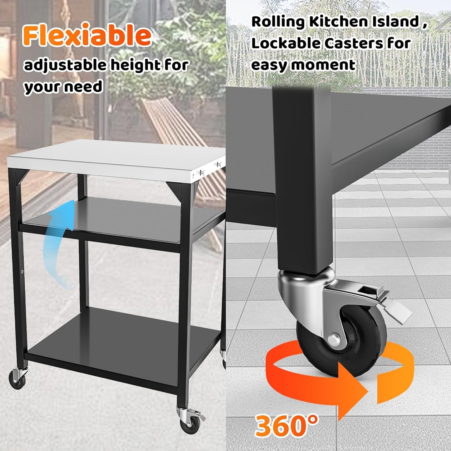 Upgraded Pizza Oven Cart Table for Ooni Koda/Karu/Fyra 16 & 12, Movable Thicken & Widen Rolling Kitchen Cart, Outdoor Grill Stand for Ninja Woodfire,Blackstone Griddle,Barbecue Tool Set