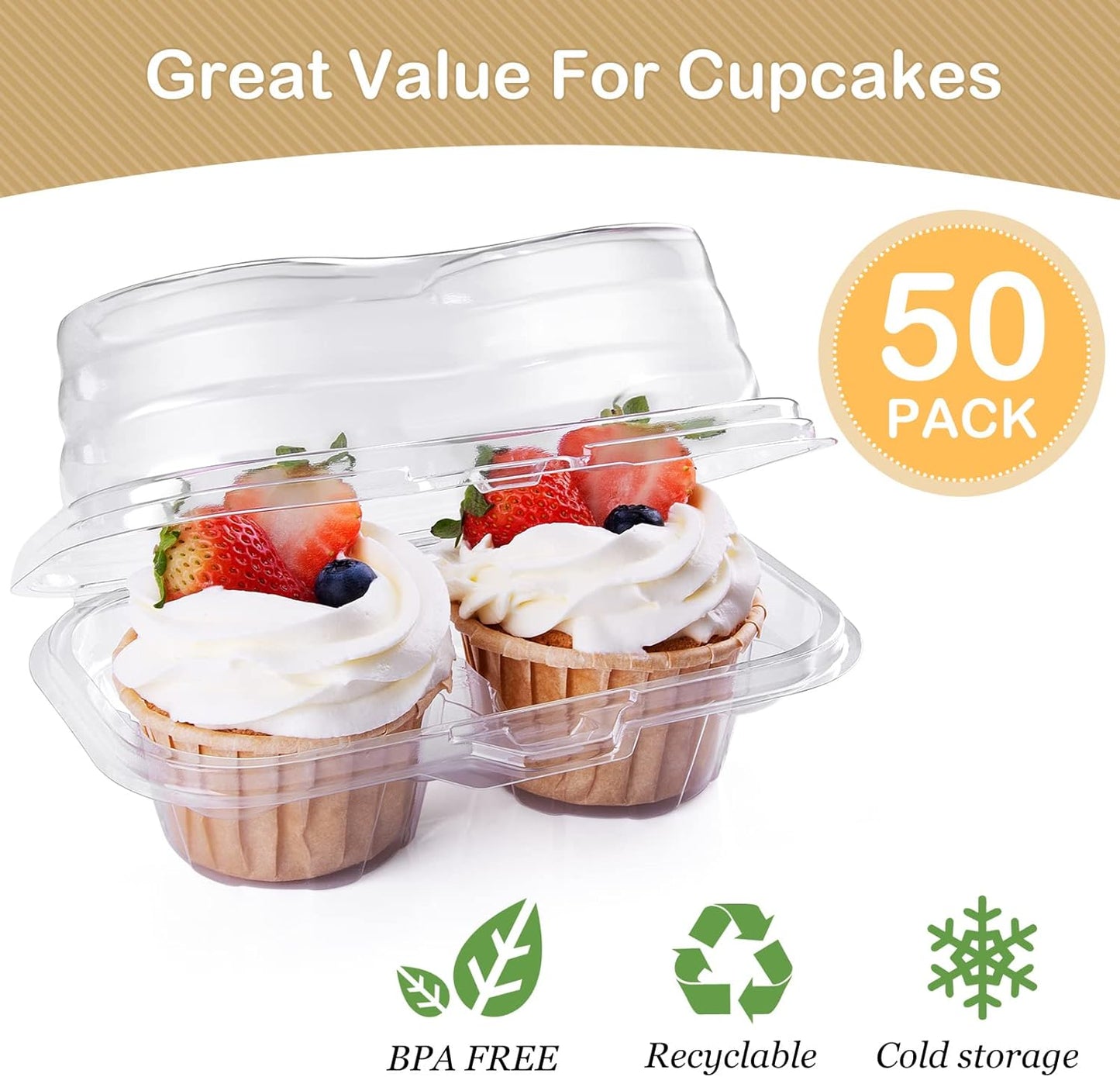 Cupcake Boxes Individual Cupcake Containers, 50 Packs Regular Single Cupcake Holder High Topping for Muffins, Thicker Stackable Plastic Cupcake Carrier for Party (50 pack)