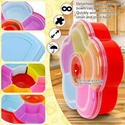 Divided Snack Serving Tray with Lid, Reusable Veggie Tray Snackle Box Container, Colored Flower Shaped Fruit Trays Large, Candy and Nut Snack Tray Appetizer Platter for Party, Travel